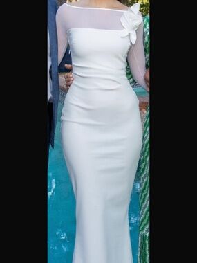 Chiara Boni White Long-Sleeve Sheath Dress with Floral Shoulder Detail